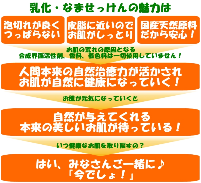 無添加石鹸「乳化・なませっけん」の魅力は、@無添加石鹸らしく泡切れが良くつっぱらない、A無添加石鹸の成分が皮脂に近いのでお肌がしっとり、B無添加石鹸でしかも国産天然原料だから安心!無添加石鹸はお肌の荒れの原因となる合成界面活性剤や香料や着色料を一切使用していません!無添加石鹸の「乳化・なませっけん」の優しい成分によって、人間本来の自然治癒力が活かされお肌が自然に健康になっていく!無添加石鹸によってお肌が元気になっていくと、自然が与えてくれる本来の美しいお肌が待っている!いつ無添加石鹸で健康なお肌を取り戻すの?はい、みなさんご一緒に♪「無添加石鹸を使うのは今でしょ!」